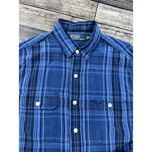 Polo Ralph Lauren Blue Linen Silk VTG Dual Pocket Button  Loop Collar‎ M Shirt